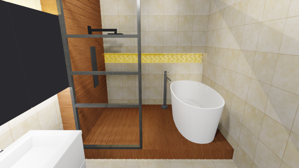 salle de bain avec douche italienne sur estrade