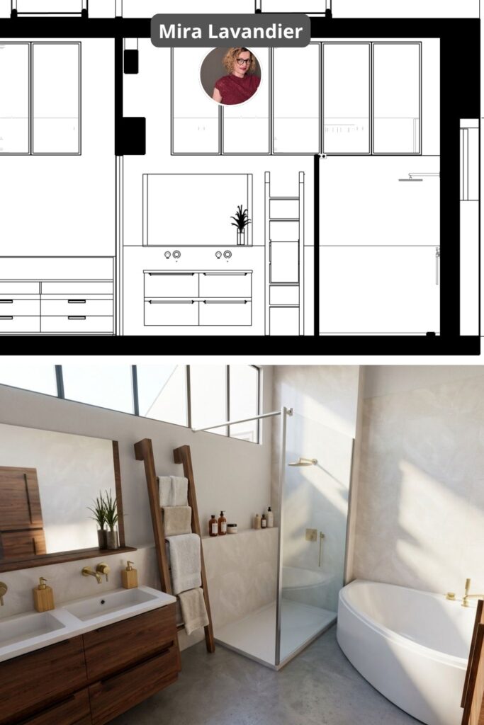 Coupe de salle de bain 9m2 baignoire ovale d'angle et douche italienne avec WC - projet 3D Mira Lavandier