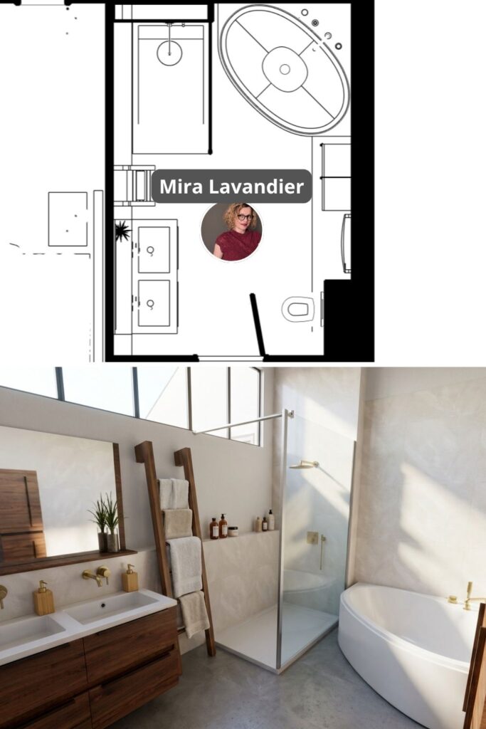 Plan salle de bain 9m2 avec double vasque en noyer et rendu 3D baignoire d'angle douche italienne béton ciré - Mira Lavandier architecte