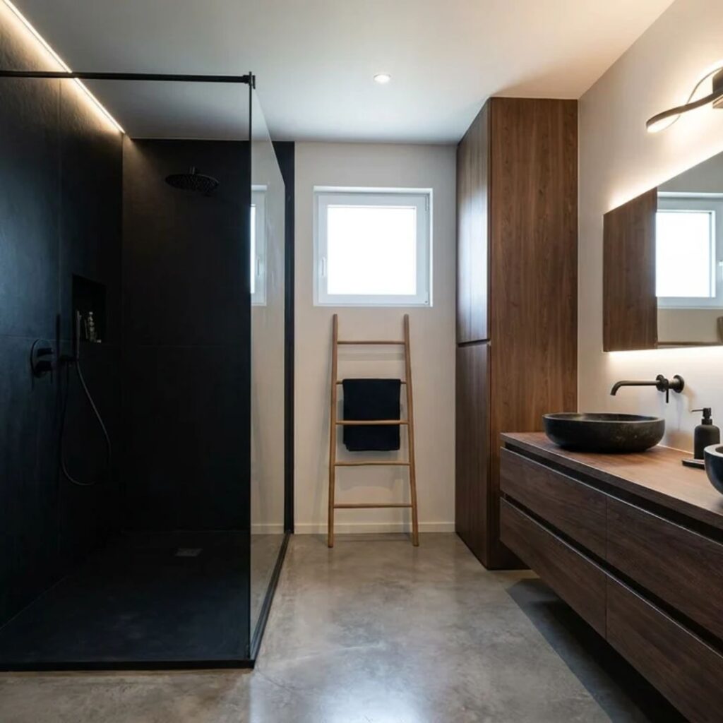 Projet de salle de baina vec une douche noire et des meubles bois, le sol est en carrelage effet béton gris.