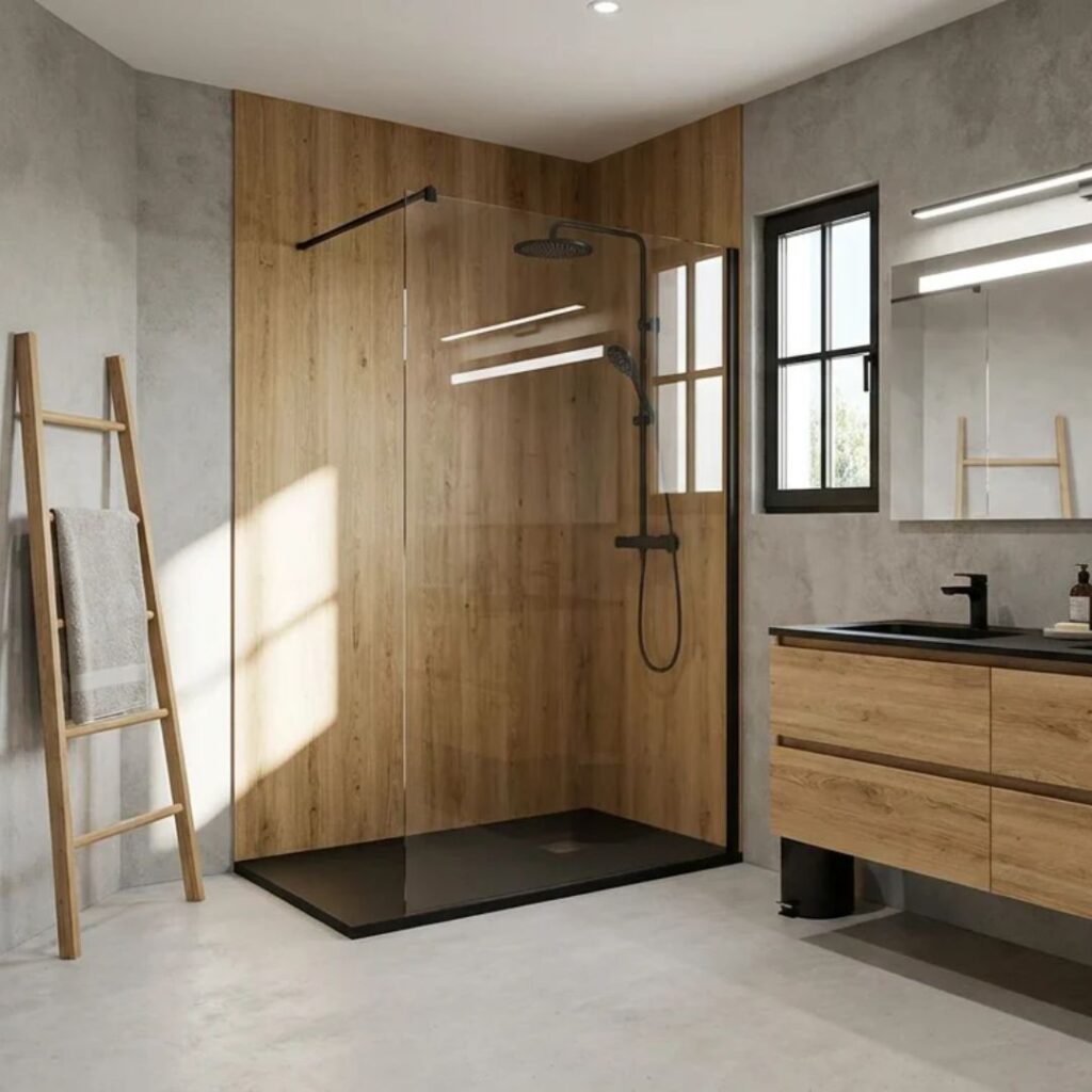 salle de bain avec douche receveur extra plat noir et bois